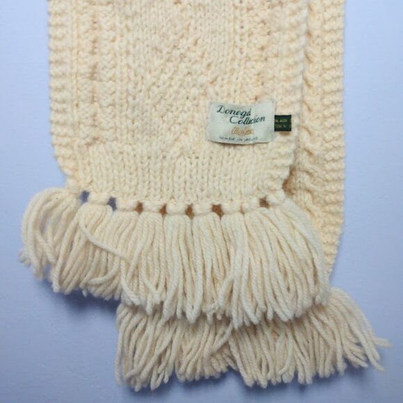 VTG Donegal by Magee  Aran Knit Scarf 100% Irish Wool Handmade Fringe Ivory - Picture 1 of 6